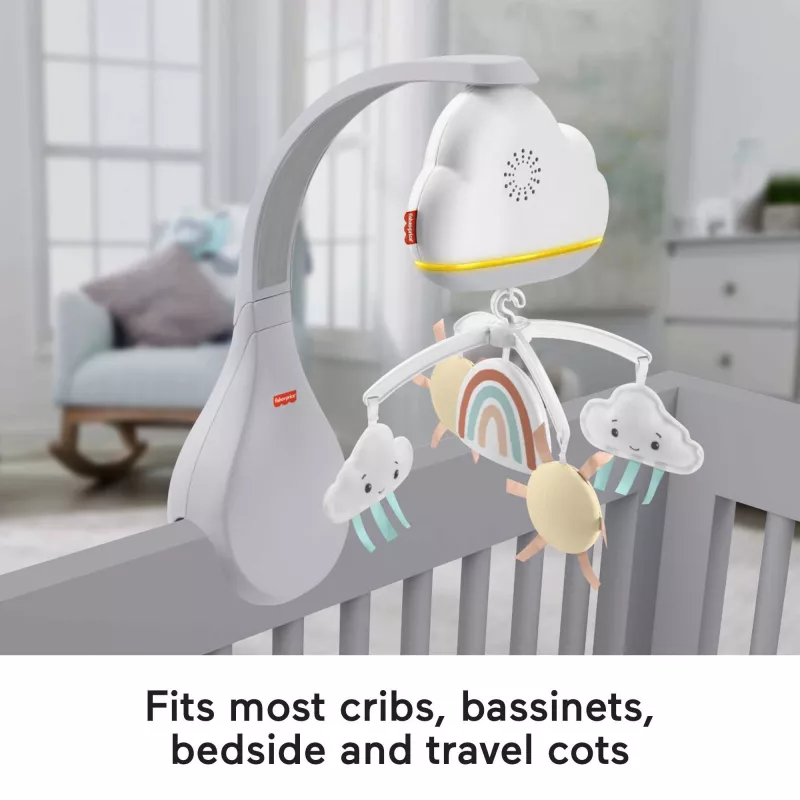 Móbil de berço Fisher-Price Rainbow Showers, berço, som, luz de presença, temporizador integrado, tecido, plástico