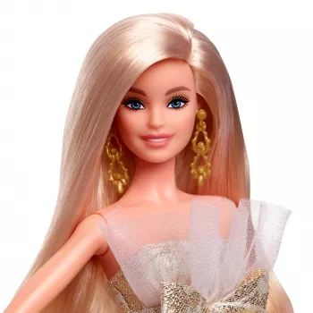 Boneca Barbie Signature 2025 Holiday Fashion, boneca de coleção sazonal, loira com vestido prateado e dourado