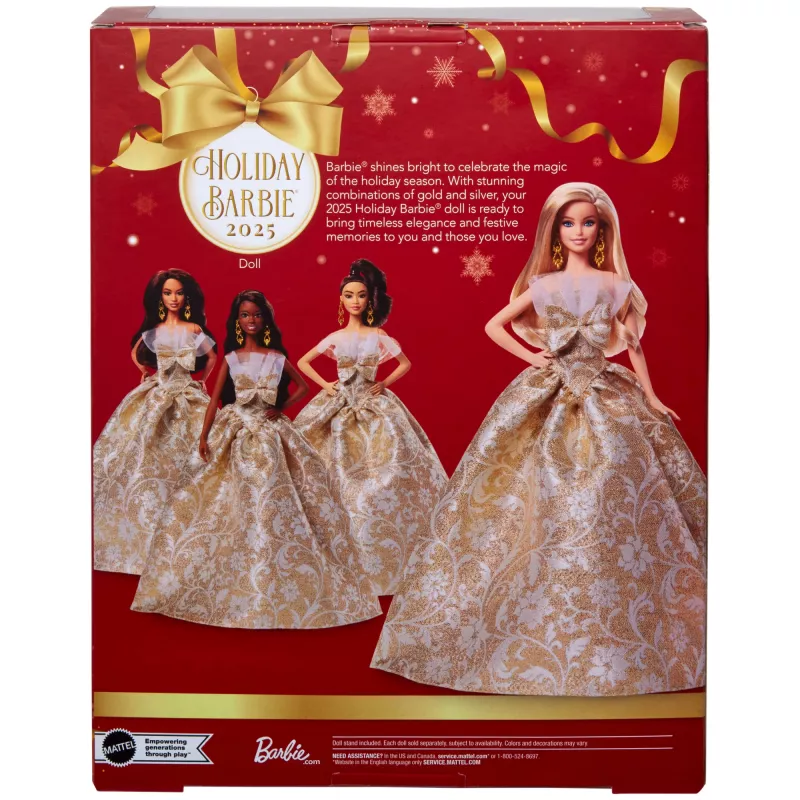 Boneca Barbie Signature 2025 Holiday Fashion, boneca de coleção sazonal, loira com vestido prateado e dourado