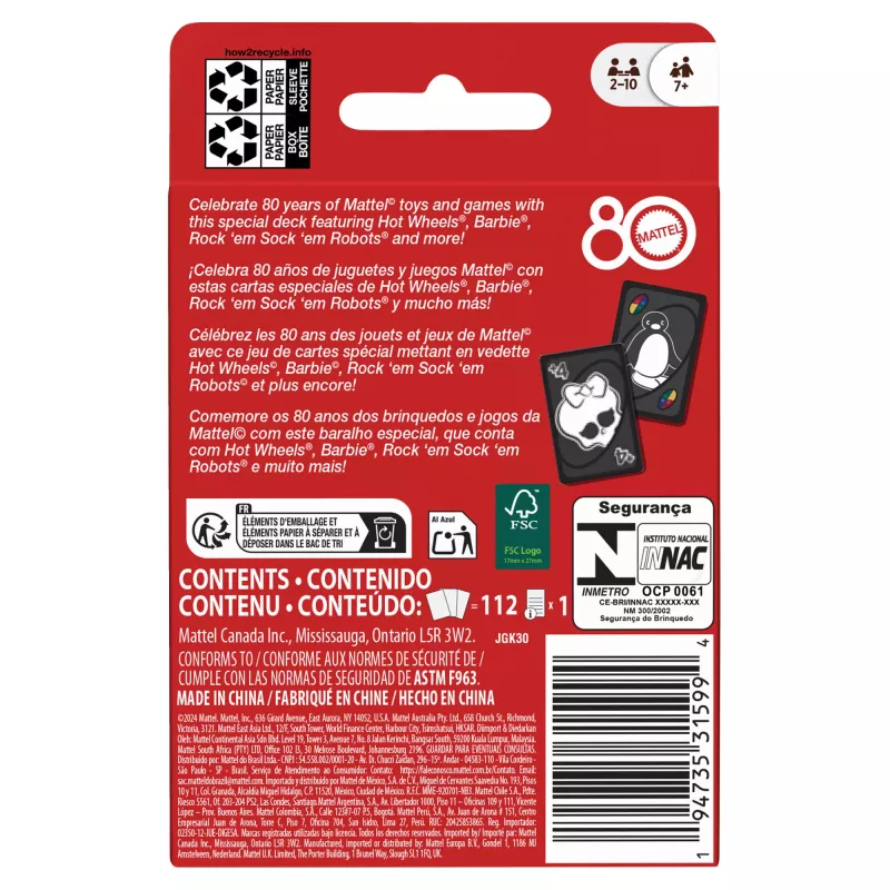 Jogo de cartas UNO Mattel 80th Ruby Red para crianças e noites de família