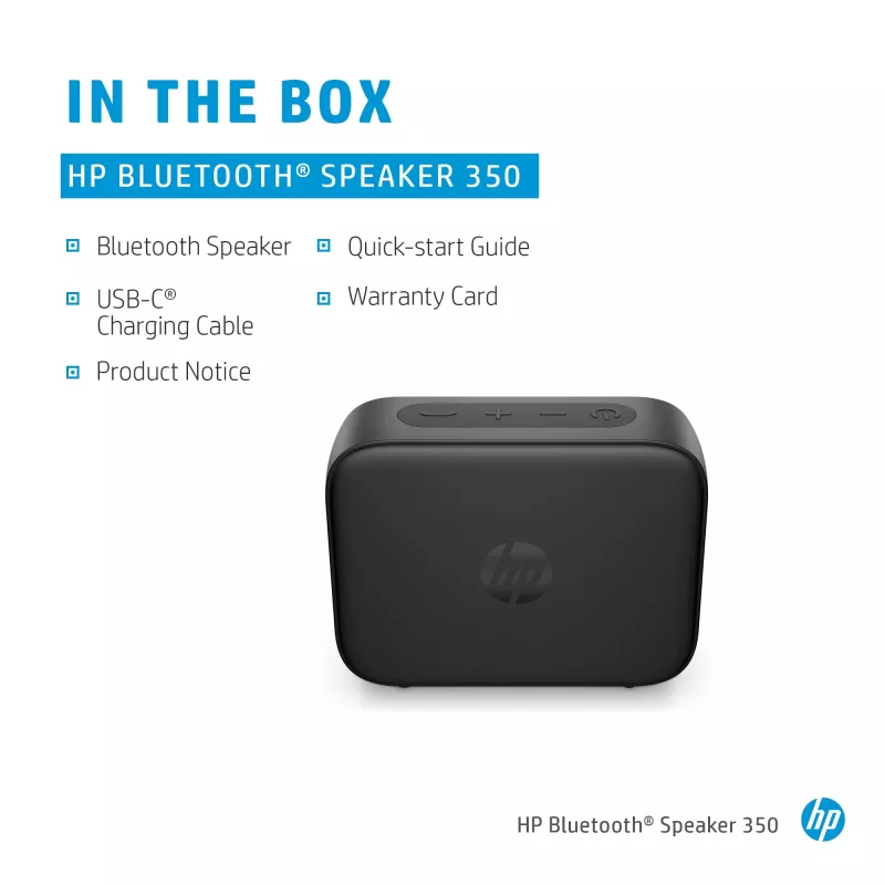 Altifalante Bluetooth HP 350 preto, sem fios, USB Type-C, altifalante portátil mono, preto, retangular, botões