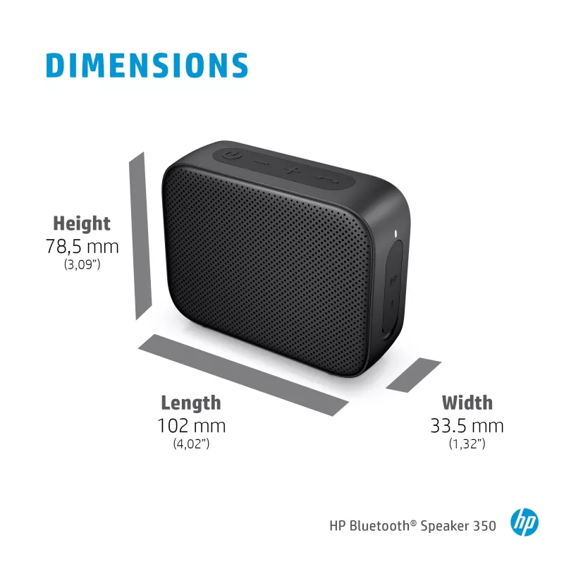 Altifalante Bluetooth HP 350 preto, sem fios, USB Type-C, altifalante portátil mono, preto, retangular, botões