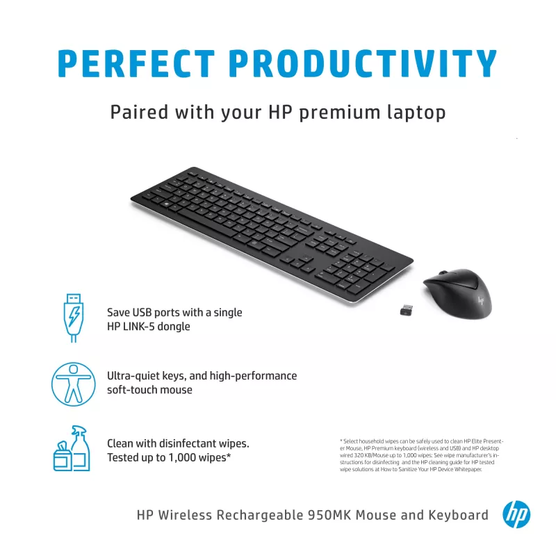 Rato e teclado HP Wireless Rechargeable 950MK, tamanho completo, sem fios, mecânico