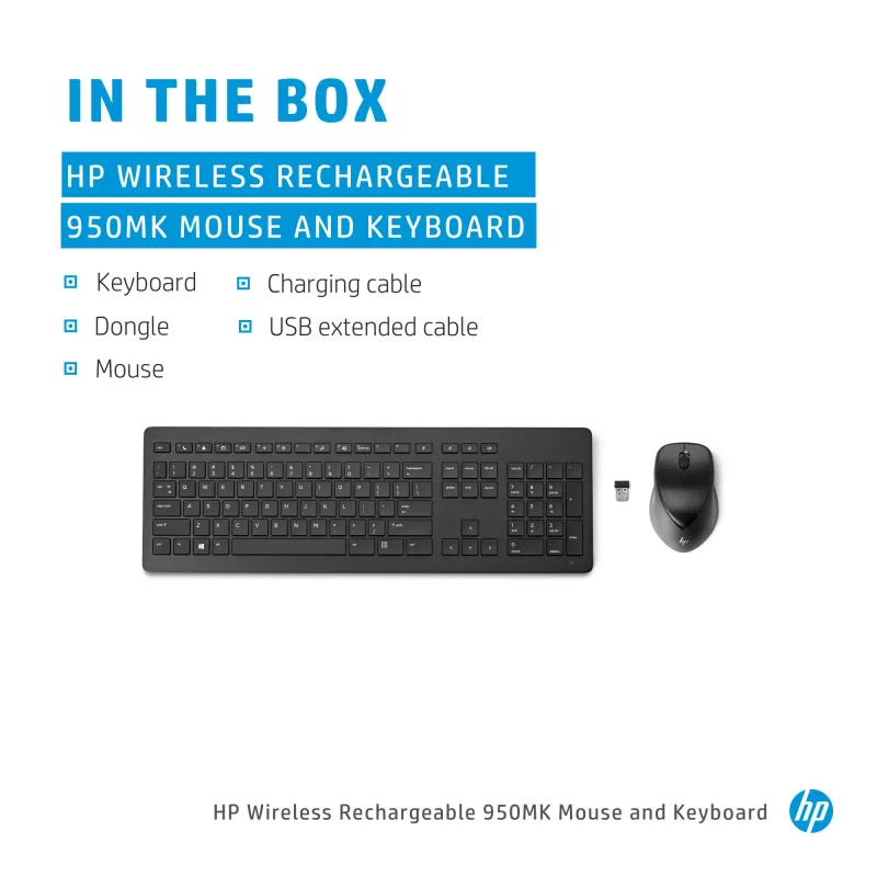 Rato e teclado HP Wireless Rechargeable 950MK, tamanho completo, sem fios, mecânico