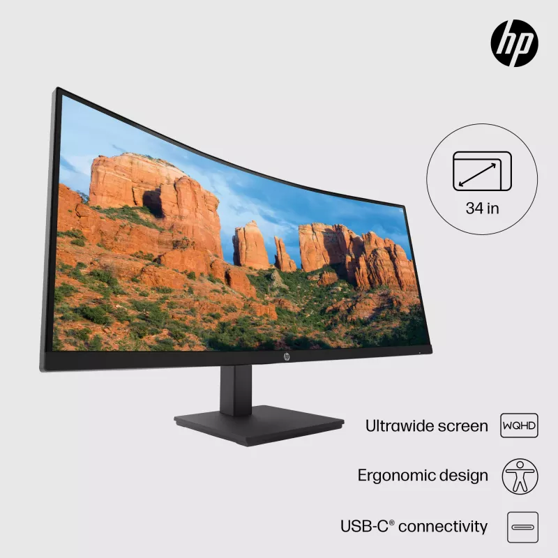 Monitor curvo HP P34hc G4 WQHD USB-C, 86,4 cm (34 polegadas), 3440 x 1440 píxeis, Wide Quad HD, LCD, 5 ms, preto