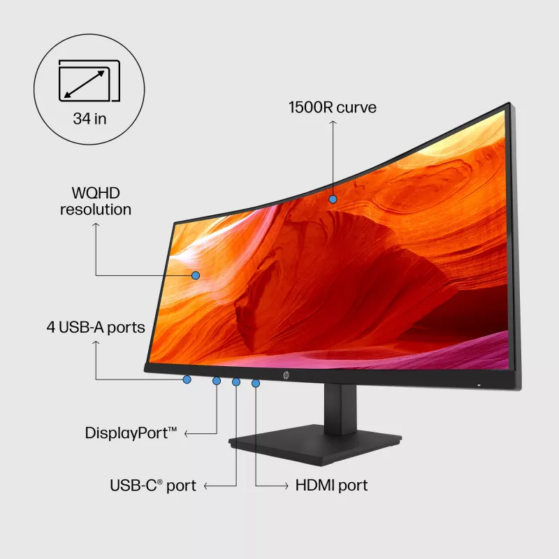 Monitor curvo HP P34hc G4 WQHD USB-C, 86,4 cm (34 polegadas), 3440 x 1440 píxeis, Wide Quad HD, LCD, 5 ms, preto