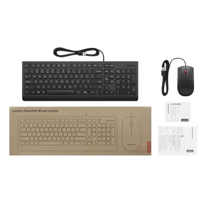 Conjunto de teclado e rato USB de tamanho completo com fios Lenovo 4X31R64409 — layout 100%, cabo de 1,8 m, preto, dinamarquês