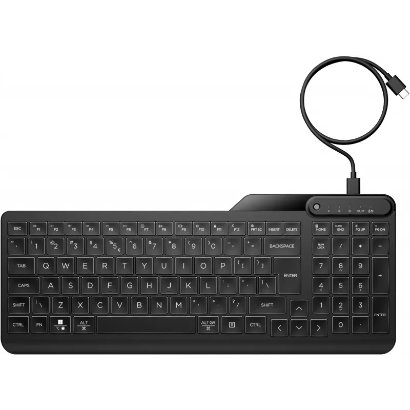 Teclado com fios HP 405 multi-dispositivo com retroiluminação, tamanho completo (100%), com fios, USB, membrana, preto
