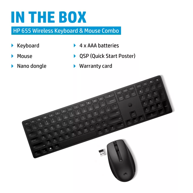 Conjunto teclado e rato sem fios HP 655, preto, rato incluído