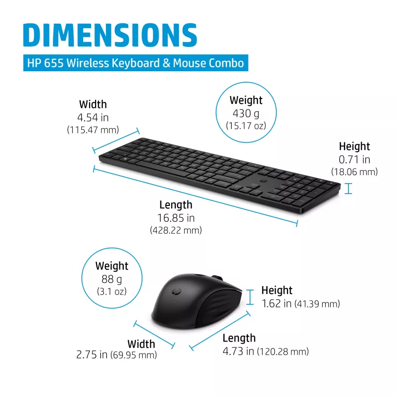 Conjunto teclado e rato sem fios HP 655, preto, rato incluído