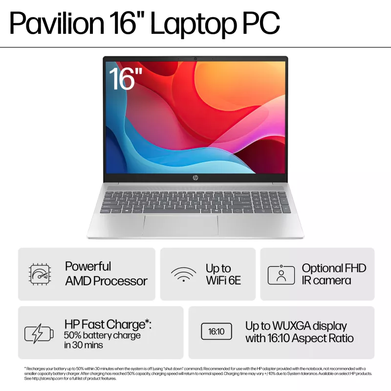 HP Pavilion 16-ag0009na AMD Ryzen™ 5 8540U Portátil 40,6 cm (16 polegadas) ecrã tátil 2K 8 GB LPDDR5-SDRAM Wi-Fi 6 (802.11ax) Windows 11 Home azul (recondicionado)