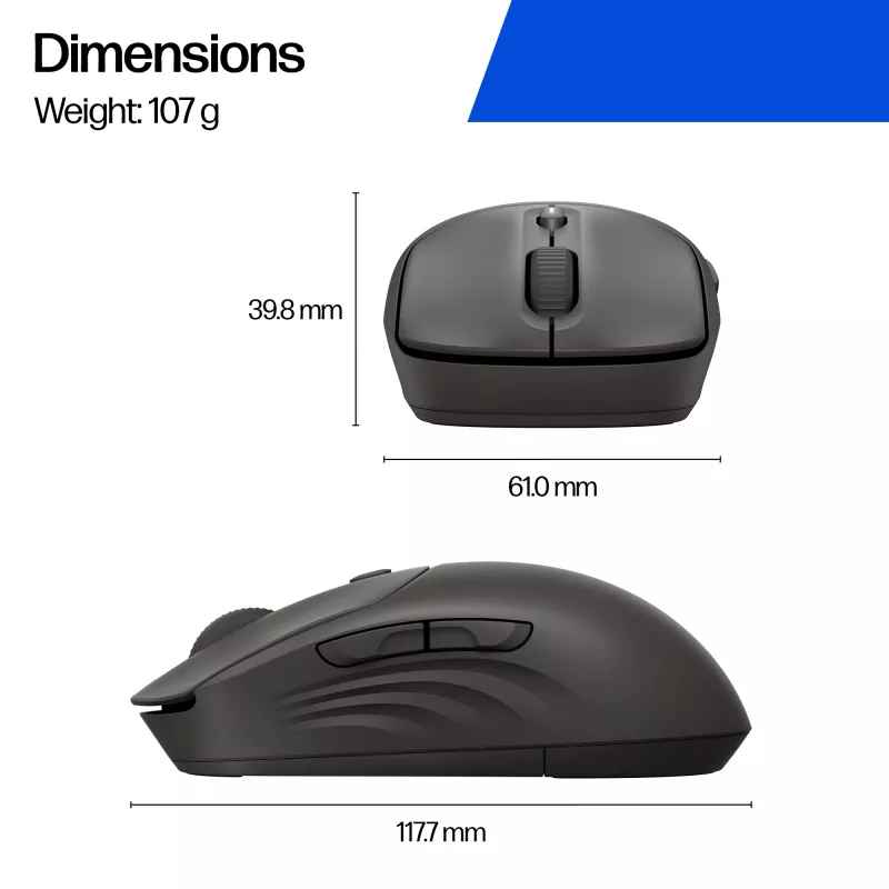 Rato sem fios HP 405 Quiet — ambidestro, Ótico 1200 DPI, RF Wireless + Bluetooth, 5 botões, alimentado por pilha, preto