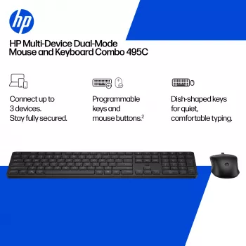 Conjunto de teclado e rato HP 495C — teclado Full-Size sem fios, rato Multi-Device, USB/RF/Bluetooth, preto