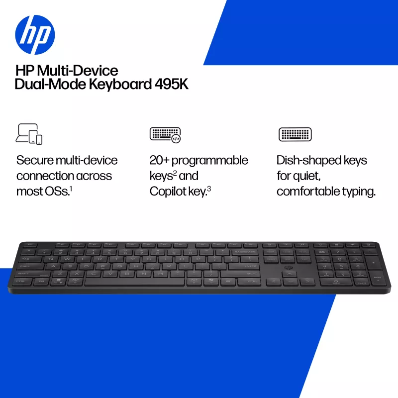 Teclado HP 495K Multi-Device Dual-Mode, Full-Size (100%), sem fios, USB + Bluetooth, preto