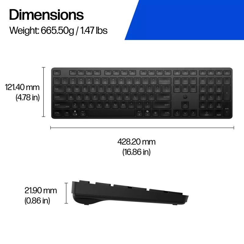Teclado HP 495K Multi-Device Dual-Mode, Full-Size (100%), sem fios, USB + Bluetooth, preto