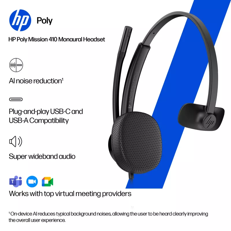 Headset com fios USB HP Poly Mission 415 monaural (a granel), 99 g, preto