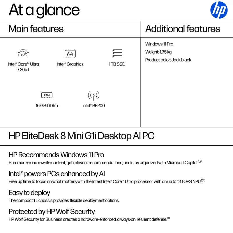 Mini PC HP EliteDesk 8 Mini G1i AI — Intel Core Ultra 7 265T, 16 GB DDR5, 1 TB SSD, Windows 11 Pro, Preto