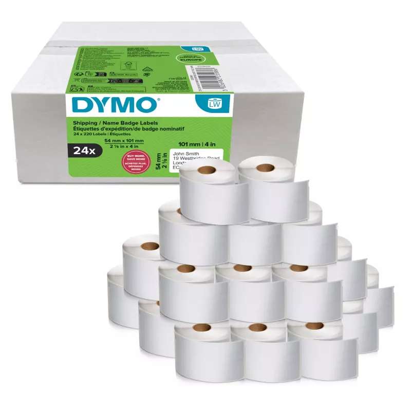 Pack de rolos de etiquetas Dymo LabelWriter 101 x 54 mm, etiquetas de papel branco, 24 rolos (220 etiquetas/rolo)