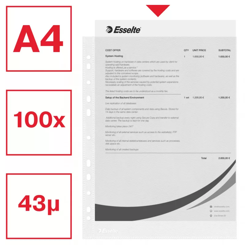 Esselte Capas transparentes A4 – Economy –, 210 x 297 mm (A4), transparente, polipropileno (PP), vertical, abertura superior, 230 mm