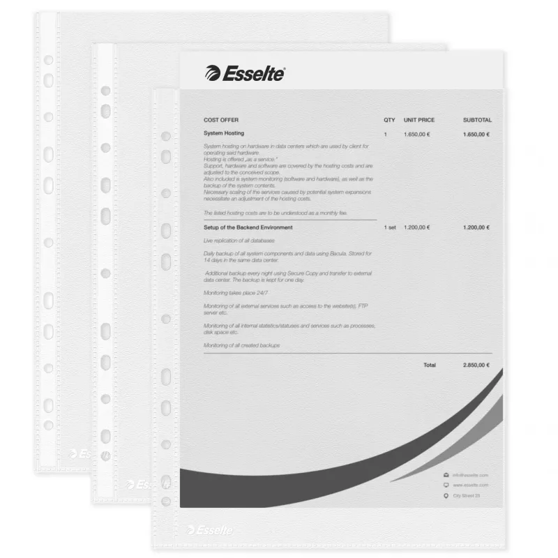 Esselte Capas transparentes A4 – Economy –, 210 x 297 mm (A4), transparente, polipropileno (PP), vertical, abertura superior, 230 mm
