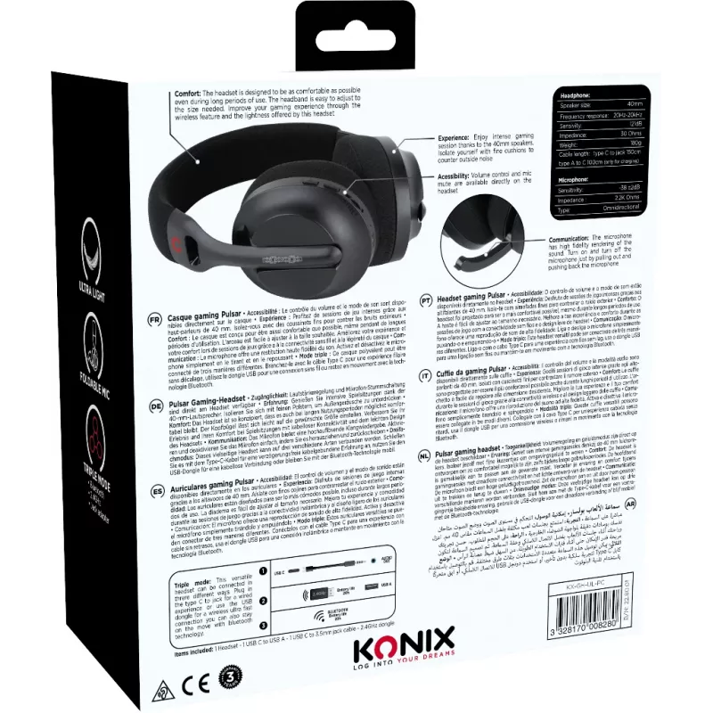 Konix PULSAR Headset com fios e sem fios arco de cabeça Gaming USB Type-C Bluetooth preto