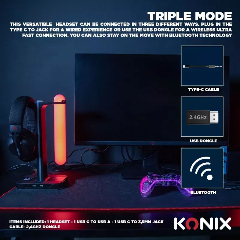 Konix PULSAR Headset com fios e sem fios arco de cabeça Gaming USB Type-C Bluetooth preto