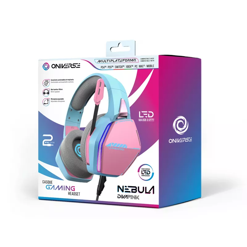 Oniverse headset gaming Nebula - Diva Pink (multiplataforma), com fios, gaming, 20 - 20000 Hz, 356 g, headset, ciano, rosa