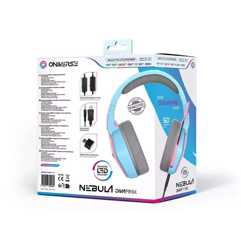 Oniverse headset gaming Nebula - Diva Pink (multiplataforma), com fios, gaming, 20 - 20000 Hz, 356 g, headset, ciano, rosa