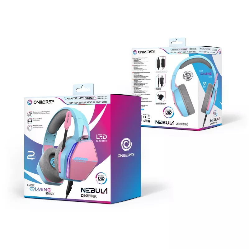 Oniverse headset gaming Nebula - Diva Pink (multiplataforma), com fios, gaming, 20 - 20000 Hz, 356 g, headset, ciano, rosa