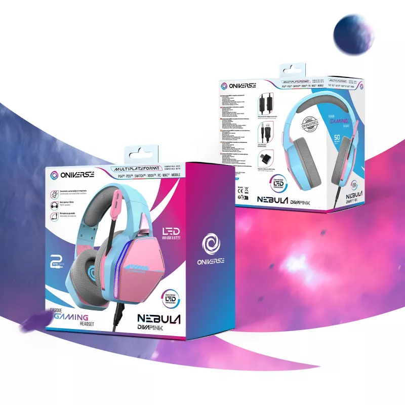 Oniverse headset gaming Nebula - Diva Pink (multiplataforma), com fios, gaming, 20 - 20000 Hz, 356 g, headset, ciano, rosa