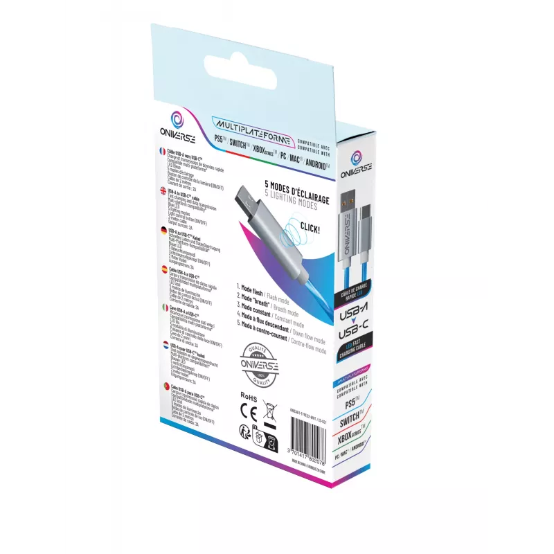 Oniverse cabo de carregamento rápido USB-C para USB-C – 2 metros – LED (multiplataforma)