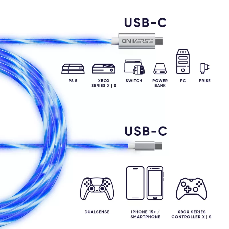Oniverse cabo de carregamento rápido USB-C para USB-C – 2 metros – LED (multiplataforma)