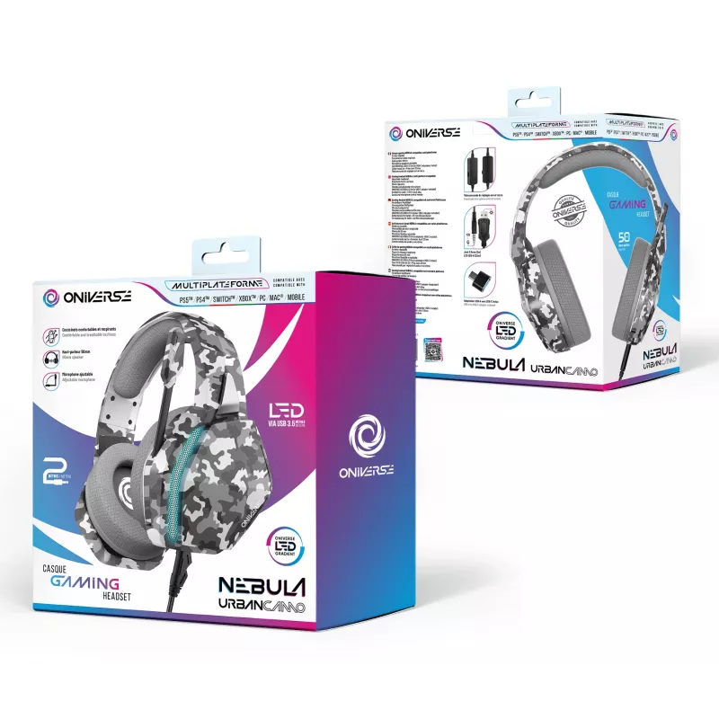 Oniverse headset gaming Nebula - Urban Camo (multiplataforma), com fios, 20 - 20000 Hz, gaming, 356 g, headset, padrão camuflado