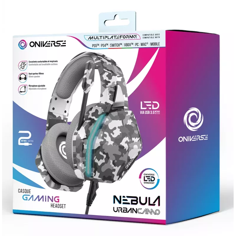 Oniverse headset gaming Nebula - Urban Camo (multiplataforma), com fios, 20 - 20000 Hz, gaming, 356 g, headset, padrão camuflado