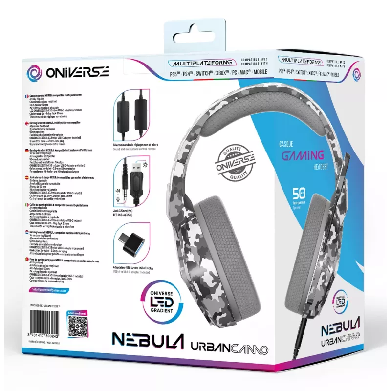 Oniverse headset gaming Nebula - Urban Camo (multiplataforma), com fios, 20 - 20000 Hz, gaming, 356 g, headset, padrão camuflado