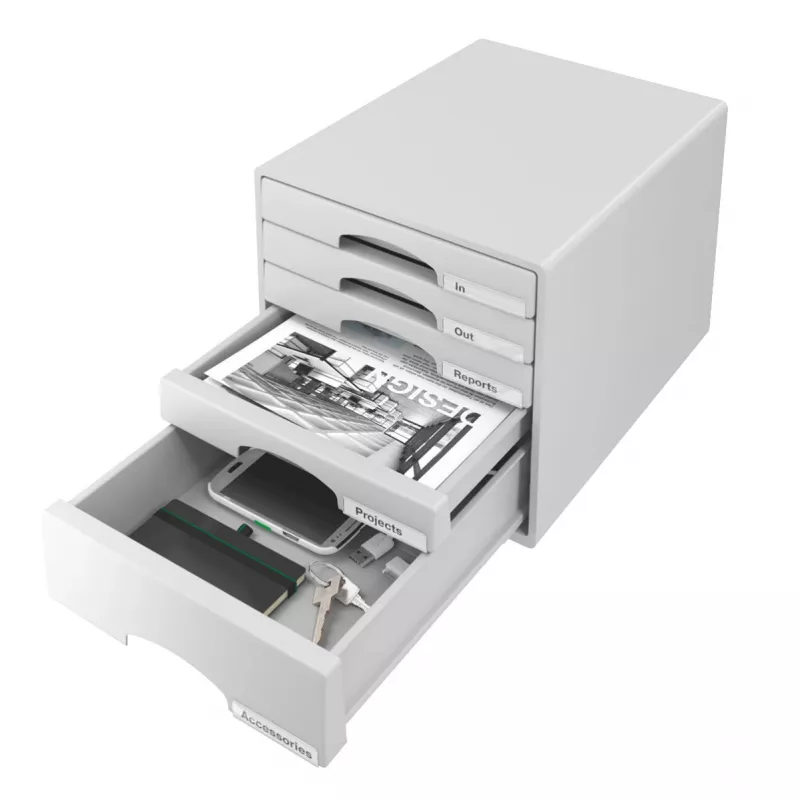 Gaveteiro Leitz Plus 5 gavetas, 5 gavetas, plástico, cinzento, 287 x 363 x 270 mm
