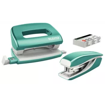 Conjunto agrafador e perfurador Leitz Mini WOW, 10 folhas, azul, metálico, pérola, P2, metal, plástico, 80 g/m², 3,5 cm