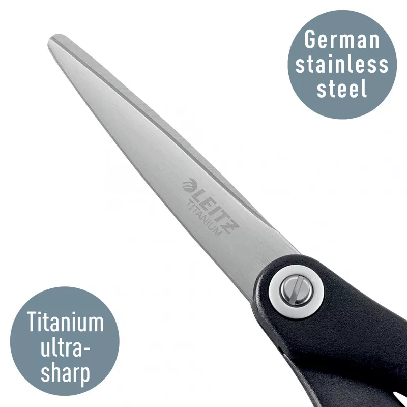 Tesoura de qualidade Leitz Titanium 150 mm, adulto, corte reto, unidade, preto, metálico, aço inoxidável, titânio