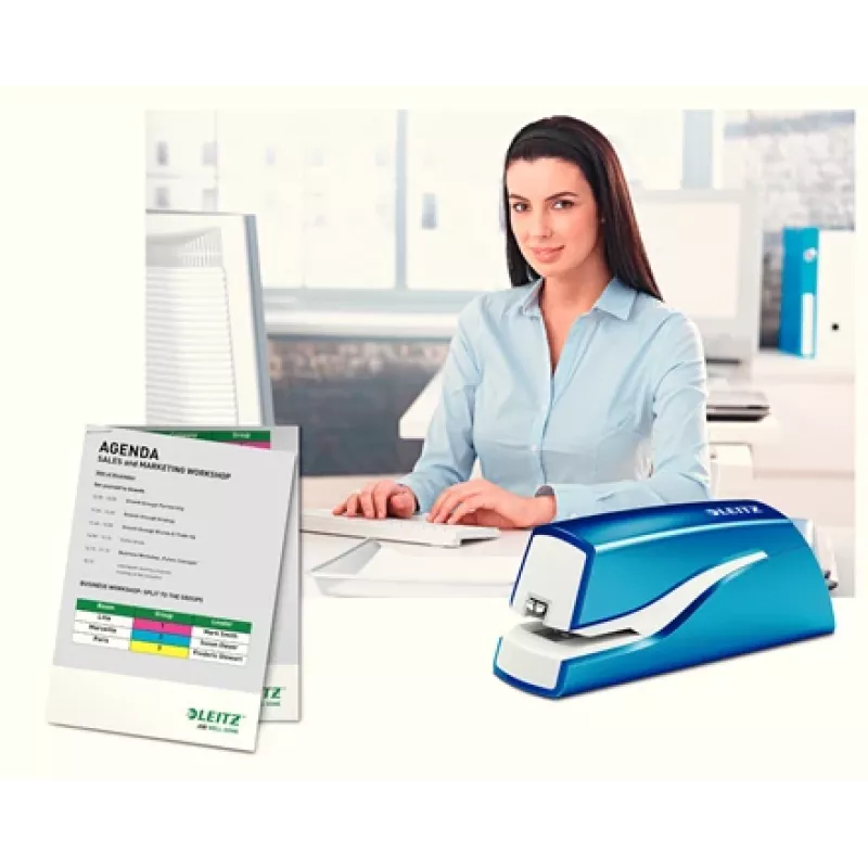 Leitz NeXXt Agrafador a pilhas WOW 5566, 10 folhas, 1 cm, plástico, azul, branco, pilha, 50 mm