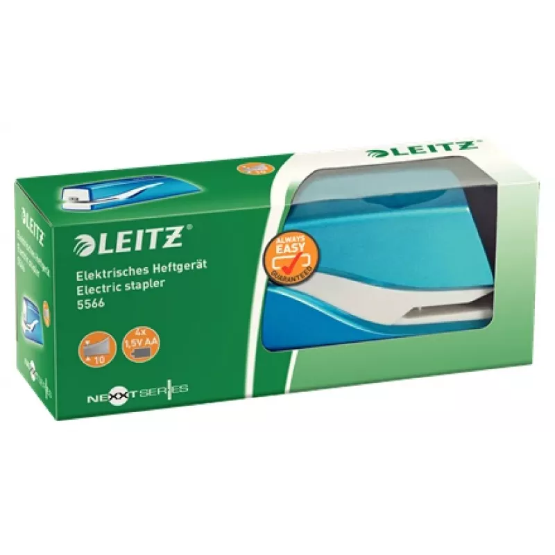 Leitz NeXXt Agrafador a pilhas WOW 5566, 10 folhas, 1 cm, plástico, azul, branco, pilha, 50 mm