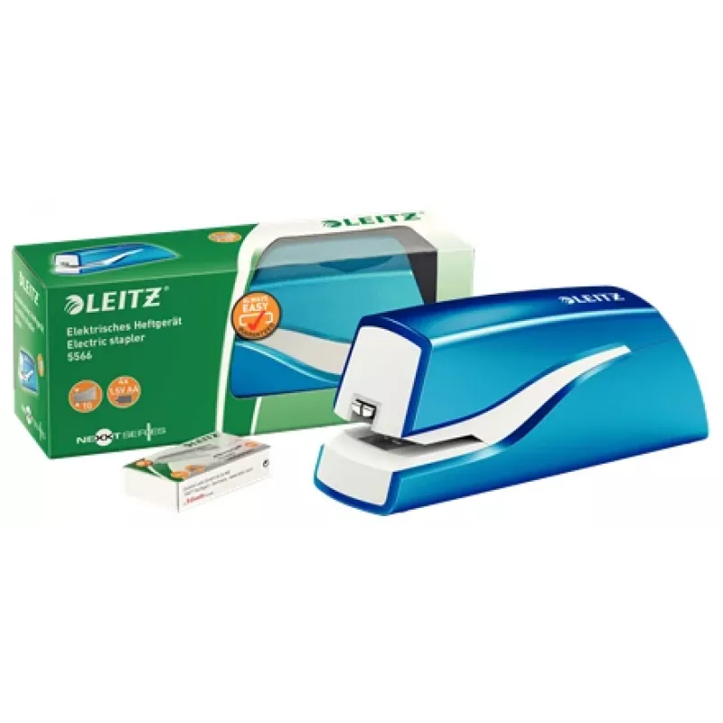 Leitz NeXXt Agrafador a pilhas WOW 5566, 10 folhas, 1 cm, plástico, azul, branco, pilha, 50 mm