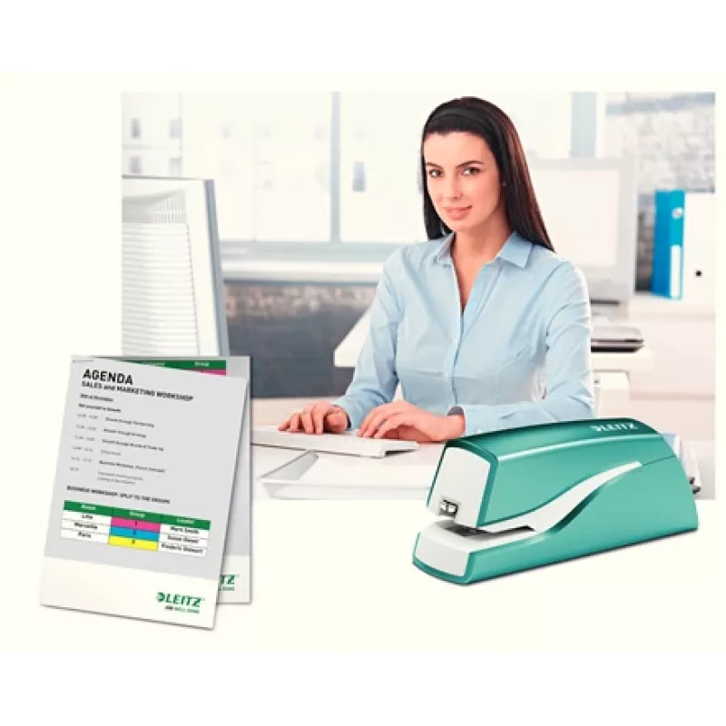 Leitz NeXXt Agrafador a pilhas WOW 5566, 10 folhas, 1 cm, plástico, azul, branco, pilha, 50 mm