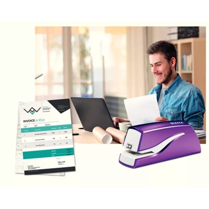 Leitz NeXXt Agrafador a pilhas WOW 5566, 10 folhas, 1 cm, plástico, lilás, branco, pilha, 50 mm