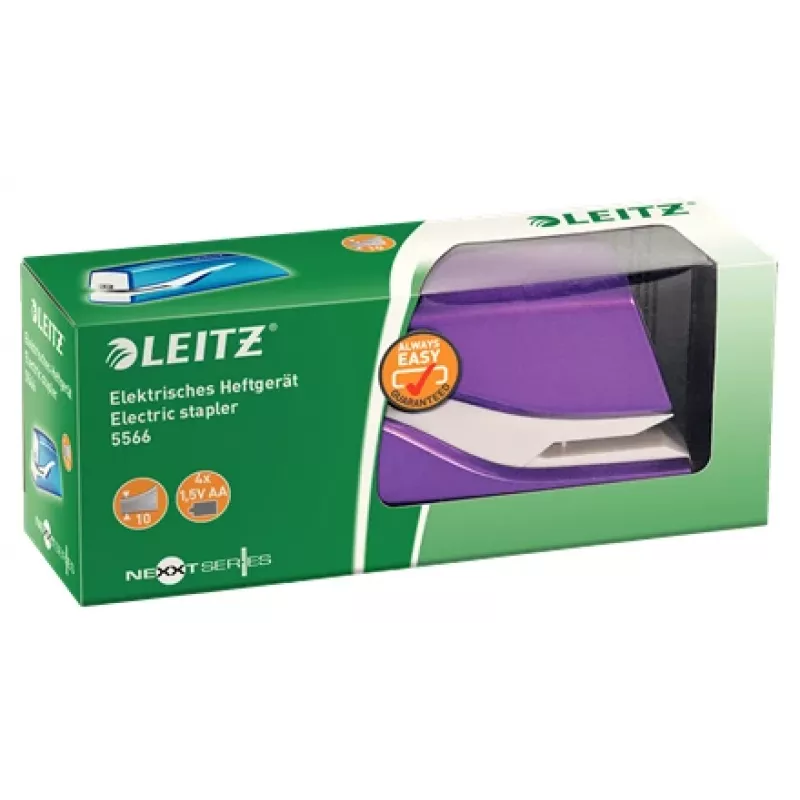 Leitz NeXXt Agrafador a pilhas WOW 5566, 10 folhas, 1 cm, plástico, lilás, branco, pilha, 50 mm