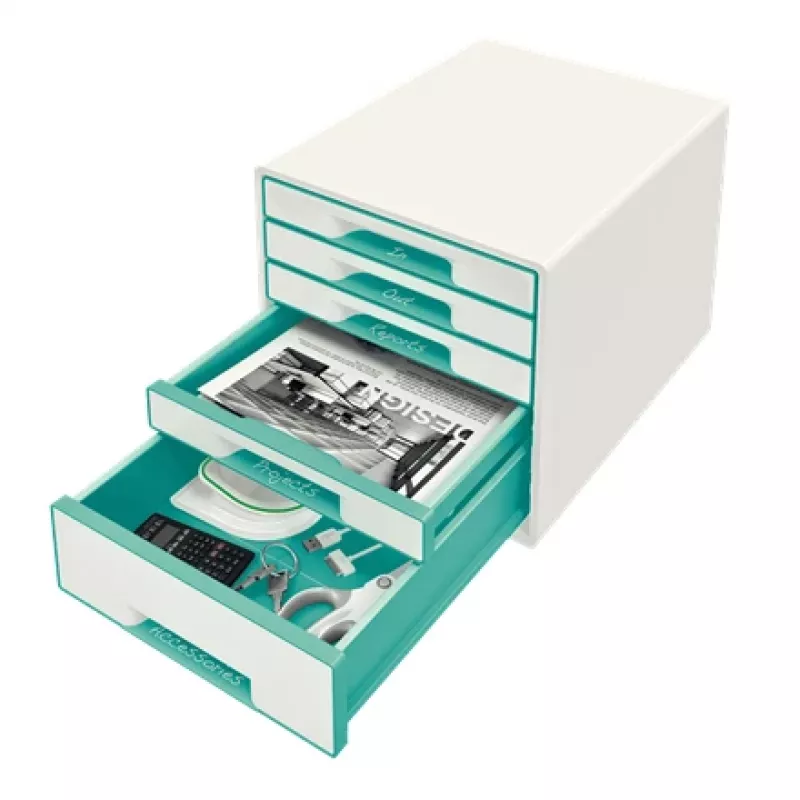 Leitz gaveteiro WOW Cube com 5 gavetas, 5 gavetas, plástico, turquesa, branco, 1 unid., 287 mm, 270 mm