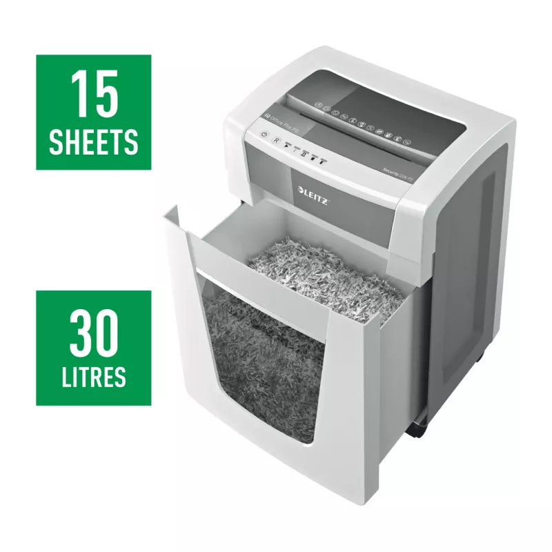 Leitz IQ Office Pro Destruidora de documentos P5, corte micro, 23 cm, 2 x 15 mm, 30 l, 300 folhas, 55 dB