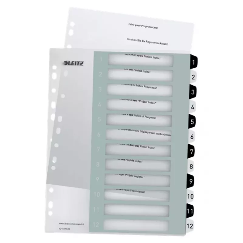 Leitz Índices imprimíveis PP A4+ 1-12 WOW branco/preto, separador numérico, polipropileno (PP), preto, branco, A4 Maxi, 245 mm, 305 mm