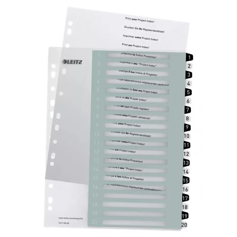 Leitz Índices imprimíveis PP A4+ 1-20 WOW branco/preto, separador numérico, polipropileno (PP), preto, branco, A4 Maxi, 245 mm, 305 mm