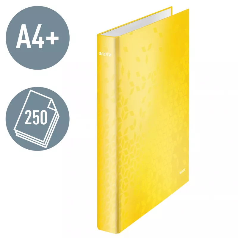Leitz Ficheiro de anéis WOW laminado A4+ 2DR/25 mm, A4+, anel D, cartão, amarelo, 250 folhas, 80 g/m²
