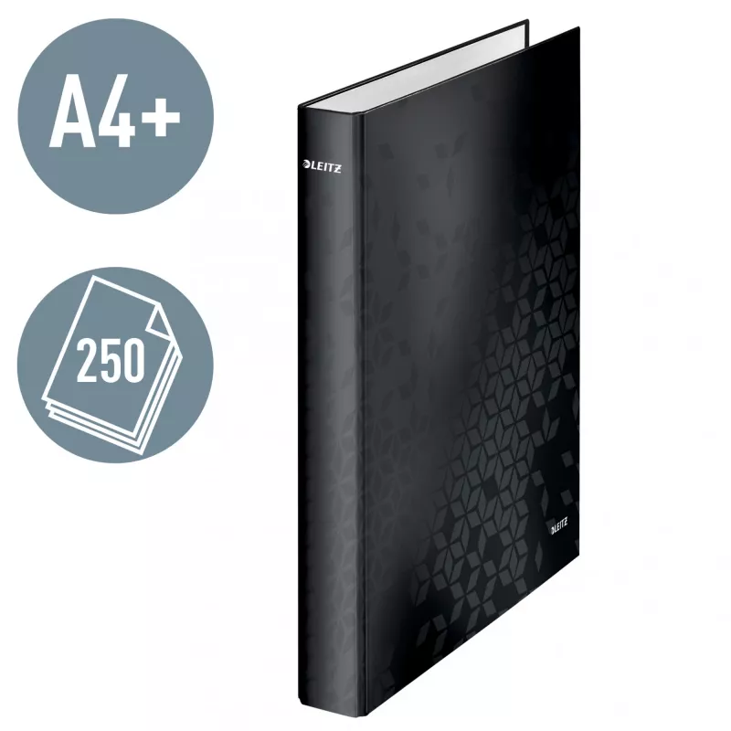 Leitz Ficheiro de anéis WOW laminado A4+ 2DR/25 mm, A4+, anel D, cartão, preto, 250 folhas, 80 g/m²